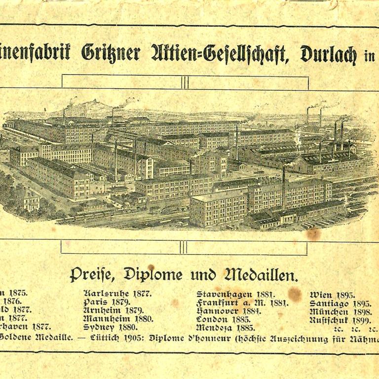 historische Zeichnung des Maschinenfabriks Gritzner, einer Großanlage in Durlach, Baden